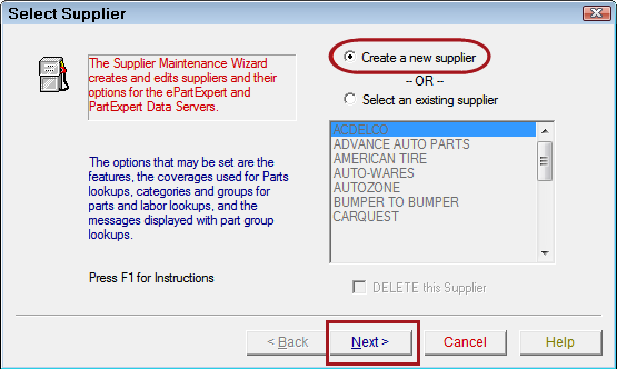 Select Supplier window with Create a new supplier circled.